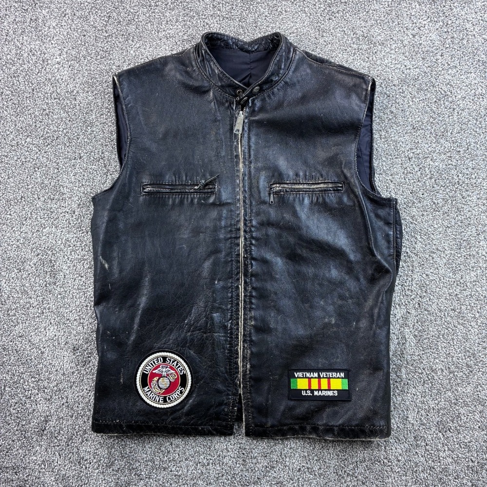 Vintage 60s Brooks Leather Vest Mens XL Black Cafe Racer Patches Harley Davidson